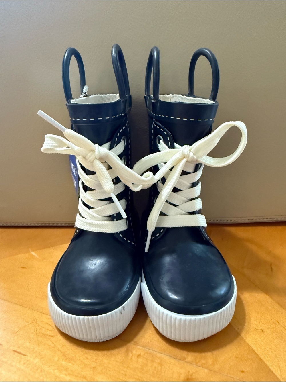 Western Chief Navy Kids Lace-Up Rain Boots with White Soles